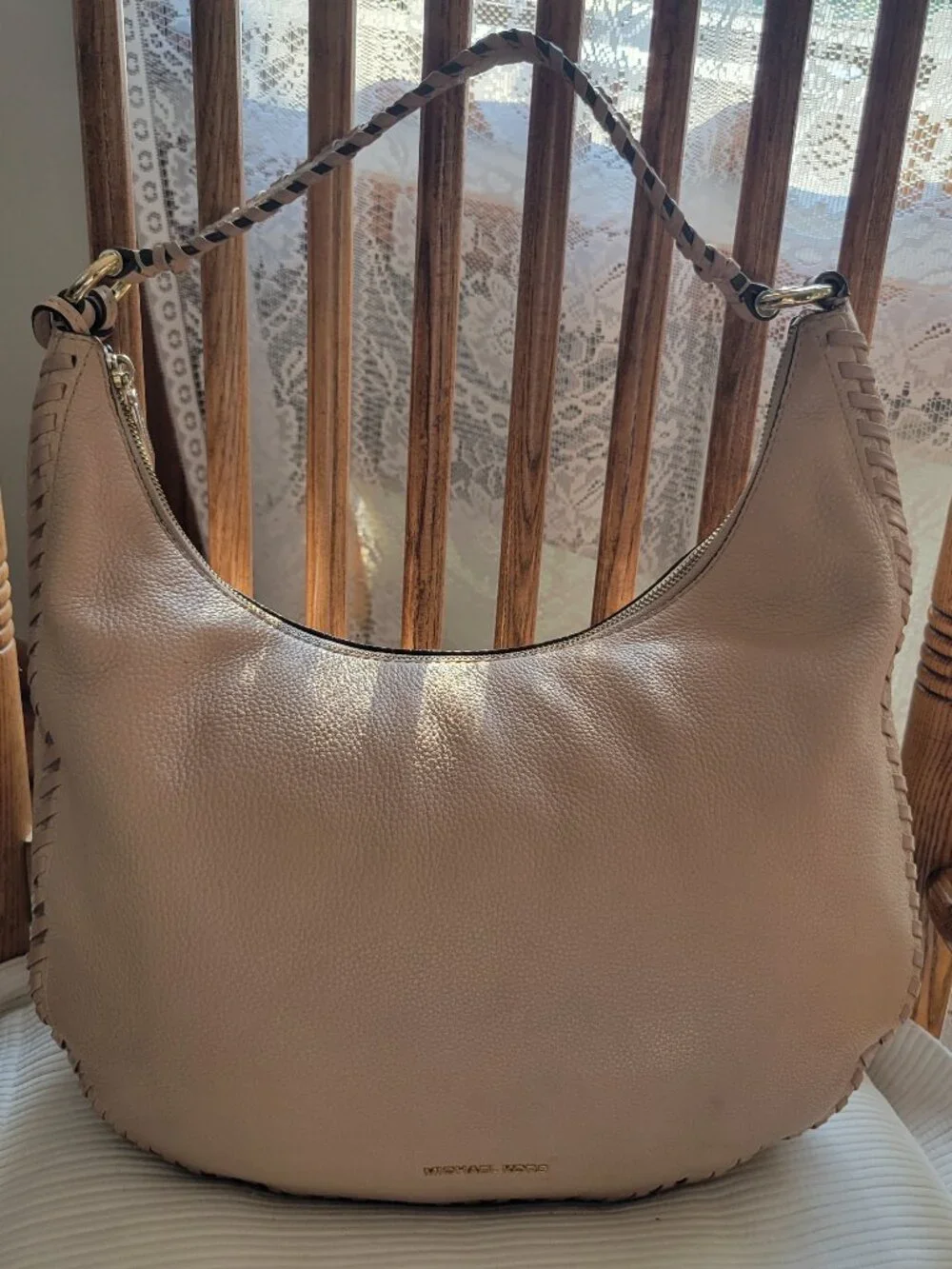 Michael Kors Lauryn Large Blush Beige Whipstitch Leather Shoulder Bag